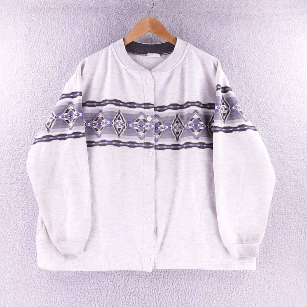 Vintage Southwestern Button‎ Front Sweatshirt Heather Grey Tribal Blue Mens XL